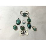 925 WHITE METAL TURQUOISE JEWELLERY, RINGS, PENDANTS, AND BRACELET