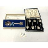 CESON SWEDISH SILVER PRESENTATION SPOON IN ORIGINAL BOX, 27GRAMS, AND SIX HALLMARKED SILVER BEAN END