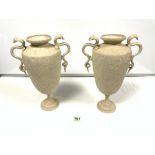A PAIR OF PAINTED EASTERN BRASS VASES WITH SNAKE HANDLES, 33CMS, COPPER TRAY AND TWO COPPER JUGS