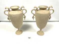 A PAIR OF PAINTED EASTERN BRASS VASES WITH SNAKE HANDLES, 33CMS, COPPER TRAY AND TWO COPPER JUGS