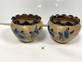 PAIR DOULTON LAMBETH GLAZED STONEWARE JARDINIERES WITH FLORAL DECORATION AND CRIMPED EDGES,