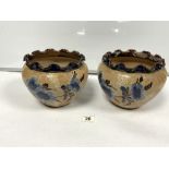 PAIR DOULTON LAMBETH GLAZED STONEWARE JARDINIERES WITH FLORAL DECORATION AND CRIMPED EDGES,