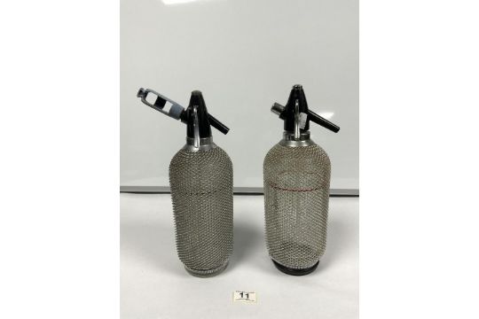 TWO VINTAGE DESIGN SODA SYPHONS WITH MESH COVERING - Image 1 of 3