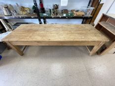 A 19TH CENTURY PINE KITCHEN WORK TABLE WITH A DRAWER AT EACH END, ON SQUARE TAPER LEGS, 250 X 90 X