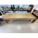 A 19TH CENTURY PINE KITCHEN WORK TABLE WITH A DRAWER AT EACH END, ON SQUARE TAPER LEGS, 250 X 90 X