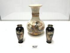 A 20TH CENTURY JAPANESE SATSUMA VASE, 23CMS, A PAIR OF JAPANESE BLACK ENAMEL AND GOLD AND SILVER