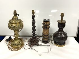 VICTORIAN ORNATE BRASS CONVERTED OIL LAMP BASE, 40CMS ORIENTAL SPELTER DRAGON LAMP BASE, A