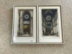PAIR OF COLOURED ETCHING OF CATHEDRAL INTERIORS - NOTRE DAME AND ROUEN BY E SHARLAND, 24 X 43CMS