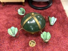 1950'S BRASS FRAMED AND ENAMEL BOWL, DOMED CEILING LAMP WITH FOUR BRANCHES