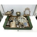 QUANTITY OF PLATED AND PEWTER WARES - INCLUDES CUTLERY, TEA POT, SPOONS, CIGAR CASE AND TANKARDS