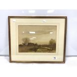 WATERCOLOUR DRAWING OF SHEPHERD AND SHEEP - FARM LANDSCAPE SIGNED FRED HINES, 37 X 27CMS