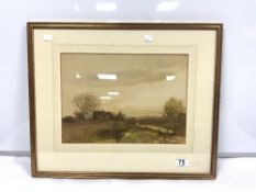 WATERCOLOUR DRAWING OF SHEPHERD AND SHEEP - FARM LANDSCAPE SIGNED FRED HINES, 37 X 27CMS