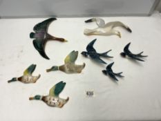 A SET OF THREE BESWICK FLYING SWALLOWS (A/F), A BESWICK FLYING SEAGULL (A/F), BESWICK FLYING GEESE