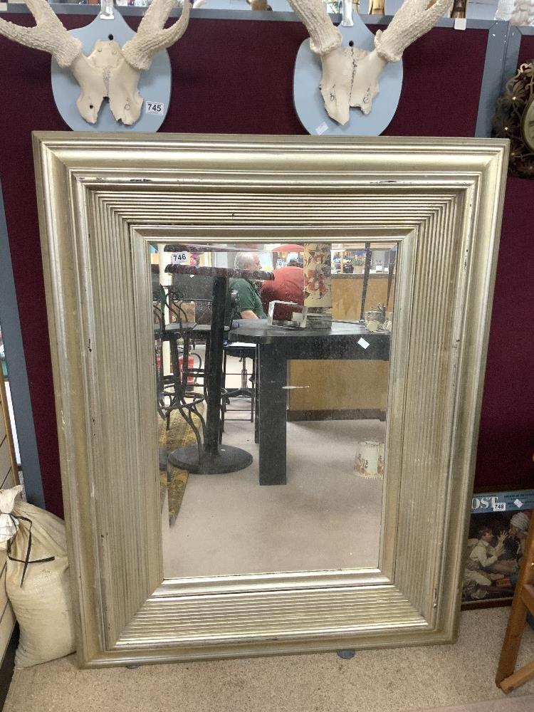 LARGE MODERN SILVERED FRAMED BEVELED WALL MIRROR, 110 X 140CMS