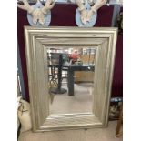 LARGE MODERN SILVERED FRAMED BEVELED WALL MIRROR, 110 X 140CMS