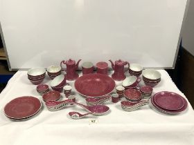 20TH CENTURY CHINESE PINK GROUND TEA SET, RICE BOWLS, SAKE CUPS AND MORE