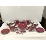 20TH CENTURY CHINESE PINK GROUND TEA SET, RICE BOWLS, SAKE CUPS AND MORE