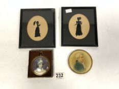TWO FRAMED SILHOUETTES OF LADIES, AND TWO MINIATURE PORTRAIT PRINTS