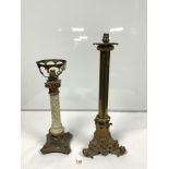 ORNATE BRASS TABLE LAMP WITH EMBOSSED AND ACANTHUS LEAF DECORATION, 54CMS, AND ANOTHER ORNATE