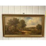 OIL ON CANVAS - A COUNTRY LANDSCAPE WITH A FIGURE IN A HORSE DRAWN CART, MONOGRAMMED MH 1907, 60 X