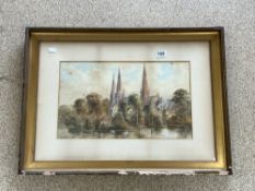 WATERCOLOUR OF LICHFIELD CHURCH, SIGNED R MAY, 49 X 29CMS