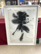 A FRAMED JAPANESE CALLIGRAPHY WITH ARTIST'S STAMP AND SIGNATURE, 68 X 100CMS