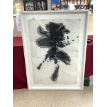 A FRAMED JAPANESE CALLIGRAPHY WITH ARTIST'S STAMP AND SIGNATURE, 68 X 100CMS