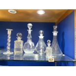 FOUR GLASS DECANTERS (VARIOUS), THE TALLEST 33CMS, TWIST COLUMN GLASS CANDLESTICK, AND GLASS