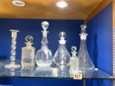FOUR GLASS DECANTERS (VARIOUS), THE TALLEST 33CMS, TWIST COLUMN GLASS CANDLESTICK, AND GLASS