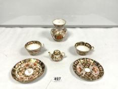 CROWN DERBY TWO HANDLED VASE 13CMS, MINIATURE DERBY TEA POT AND TWO DERBY CUPS AND SAUCERS (1 A/F)