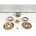 CROWN DERBY TWO HANDLED VASE 13CMS, MINIATURE DERBY TEA POT AND TWO DERBY CUPS AND SAUCERS (1 A/F)