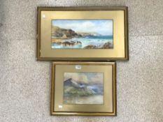 WATERCOLOUR DRAWING OF A ROCKY COASTAL SCENE, INSCRIPTION - CARVOSSA SEAFORD ON BACK, 48 X 23CMS