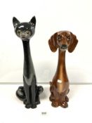 TALL ITALIAN CERAMIC CAT, 57CMS AND A CERAMIC FIGURE OF A DASCHUND MADE BY JEMA HOLLAND