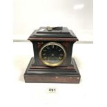 VICTORIAN BLACK SLATE AND ROUGE MARBLE MANTLE CLOCK WITH BLACK DIAL AND GOLD ROMAN NUMERALS, 24 X