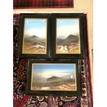FRANK HOLMES, SET OF THREE GOUCHE DRAWINGS OF MOORLAND SCENES - SIGNED 27 X 47CMS
