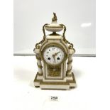 A LATE 19TH CENTURY FRENCH ORMOLU AND WHITE MARBLE MANTLE CLOCK WITH ENAMEL DIAL AND PILLAR