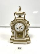 A LATE 19TH CENTURY FRENCH ORMOLU AND WHITE MARBLE MANTLE CLOCK WITH ENAMEL DIAL AND PILLAR