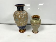 LARGE DOULTON LAMBETH GLAZED BALUSTER VASE 35CMS, AND A SMALLER DOULTON VASE