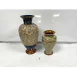 LARGE DOULTON LAMBETH GLAZED BALUSTER VASE 35CMS, AND A SMALLER DOULTON VASE