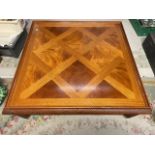 A LARGE REPRODUCTION PARQUETRY TOPPED MAHOGANY COFFEE TABLE, 120 SQUARE