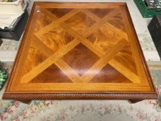 A LARGE REPRODUCTION PARQUETRY TOPPED MAHOGANY COFFEE TABLE, 120 SQUARE