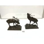 A PAIR OF BRONZED SPELTER FIGURES OF STAGS, 20CMS