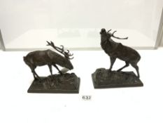 A PAIR OF BRONZED SPELTER FIGURES OF STAGS, 20CMS