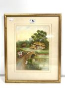 WATERCOLOUR DRAWING FIGURES ON A BRIDGE OVER A RIVER - THATCHED HOUSE AND CHURCH IN BACKGROUND, 23 X