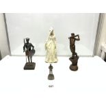 A 2003 PLASTER FIGURE OF A 1930'S LADY, 33CMS AND CERAMIC FIGURE OF A GOLFER, FIGURE OF A