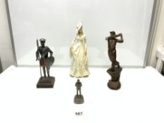 A 2003 PLASTER FIGURE OF A 1930'S LADY, 33CMS AND CERAMIC FIGURE OF A GOLFER, FIGURE OF A
