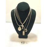FOUR 925 HALLMARKED SILVER NECKLACES WITH PENDANTS, ONE BEING SILVER INGOT, 95 GRAMS IN TOTAL