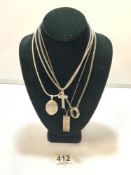 FOUR 925 HALLMARKED SILVER NECKLACES WITH PENDANTS, ONE BEING SILVER INGOT, 95 GRAMS IN TOTAL