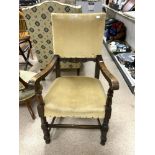 JACOBEAN STYLE OAK ELBOW CHAIR WITH UPHOLSTERED SEAT AND BACK