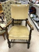 JACOBEAN STYLE OAK ELBOW CHAIR WITH UPHOLSTERED SEAT AND BACK